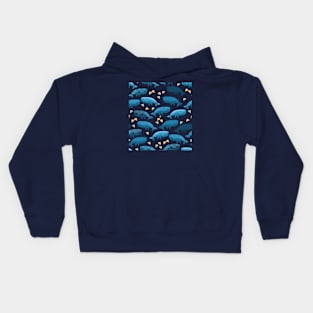 Blue whales illustration poster with pattern of whales and yellow seashells Kids Hoodie